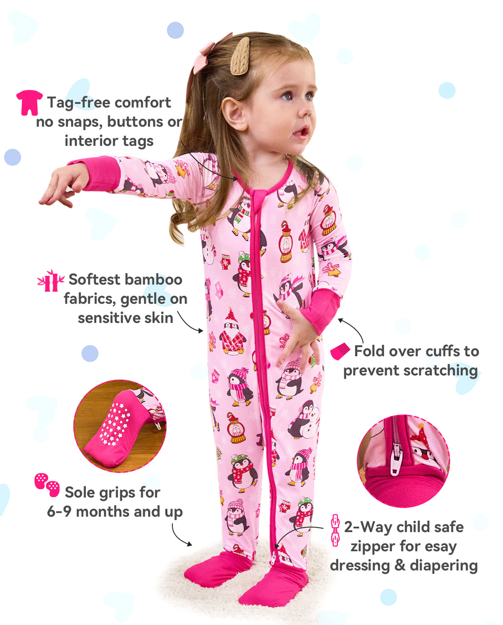 Merry Penguins product information graphic with zipper, cuff and sole-grip detail insets.