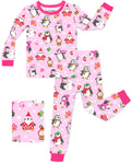 Merry Penguins long-sleeve top and matching pants with deep pink trim, laid flat on white.