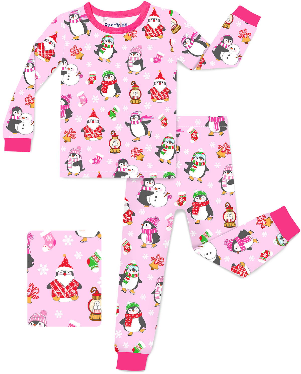 Merry Penguins long-sleeve top and matching pants with deep pink trim, laid flat on white.