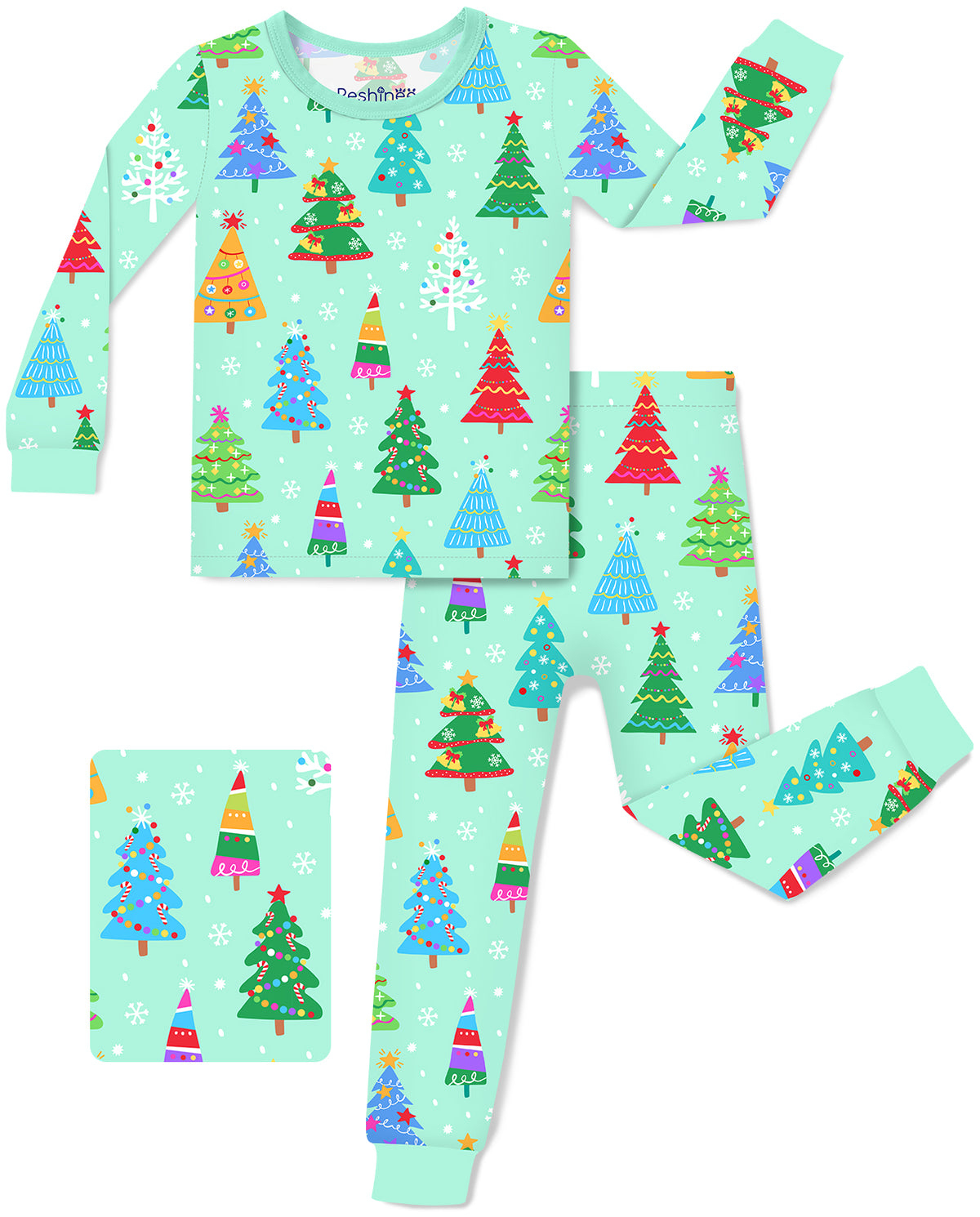 Merry Trees long-sleeve top and matching pants with mint trim on a white background