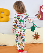 Child standing with back to camera in Merry Truckmas long-sleeve top and pants