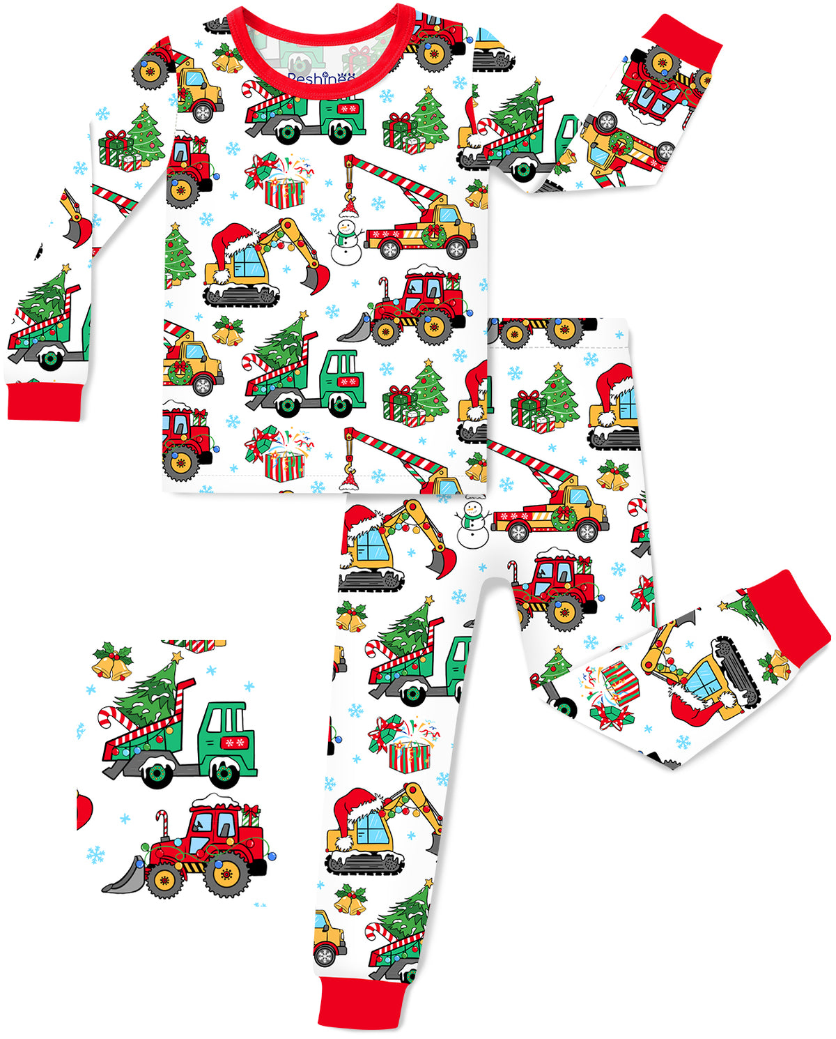 Merry Truckmas long-sleeve top and matching pants with red trim on a white background