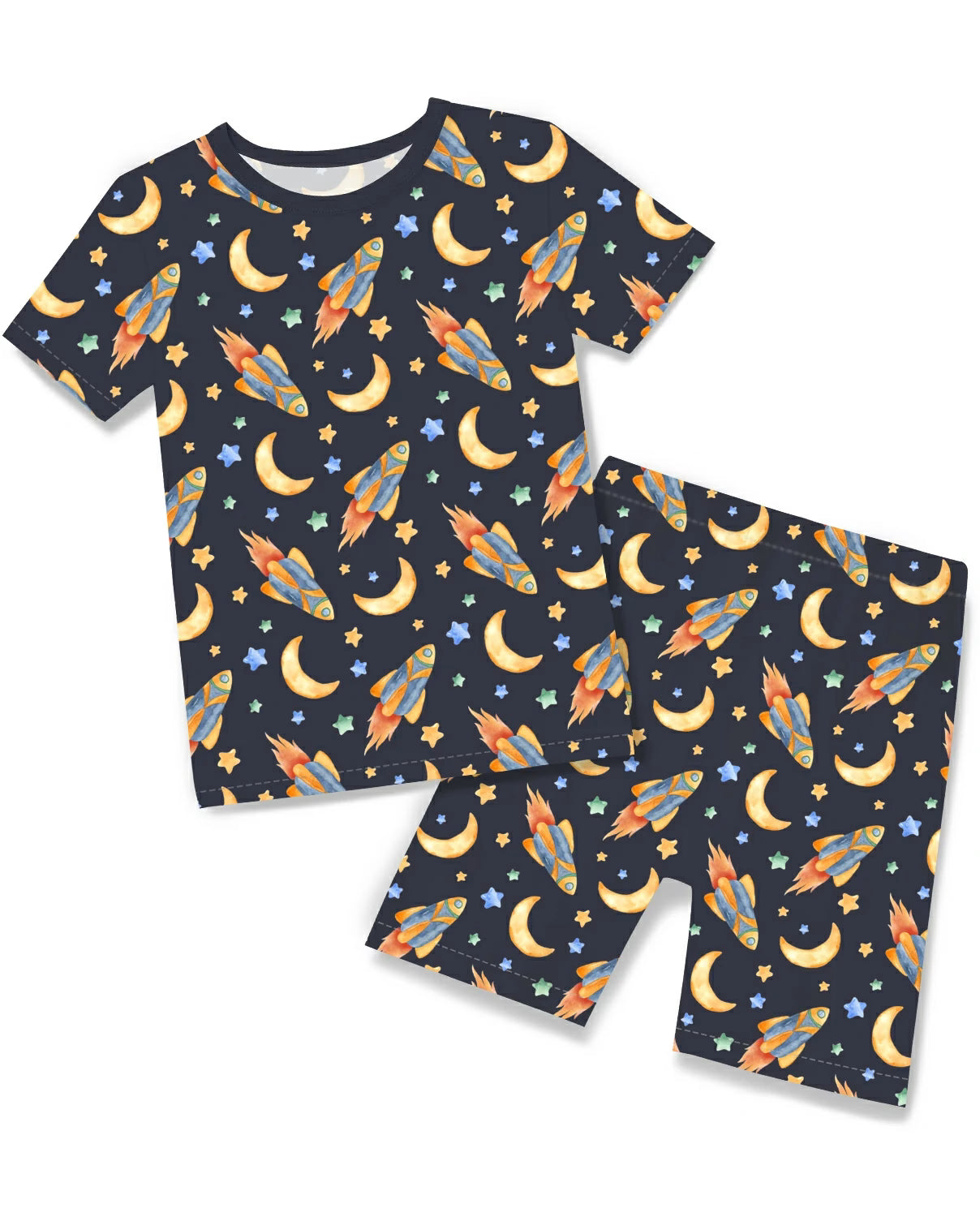 Moonlit Voyage Short Two-Piece Pajama Set, moonlit voyage short two piece pajama set flat lay