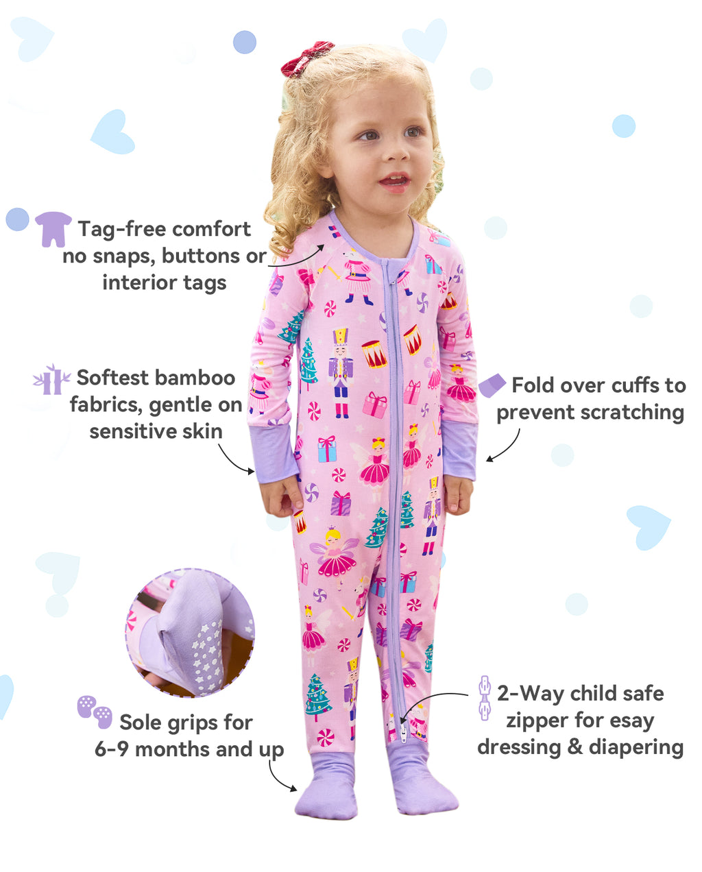 Nutcracker Fairy product information graphic with zipper, cuff and sole-grip detail insets.
