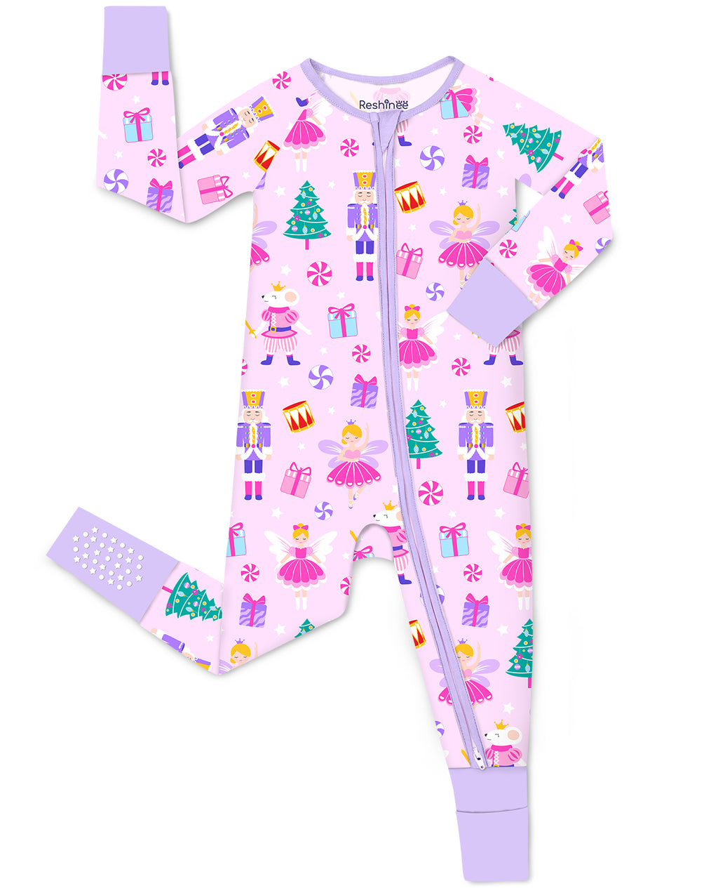 Nutcracker Fairy zip-up romper with lavender trim and visible sole grips, laid flat on white.