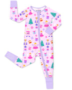 Nutcracker Fairy zip-up romper with lavender trim and visible sole grips, laid flat on white.