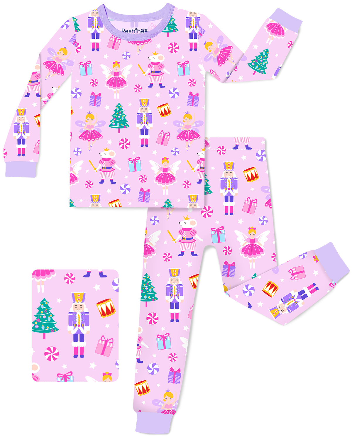 Nutcracker Fairy long-sleeve top and matching pants with lavender trim, laid flat on white.