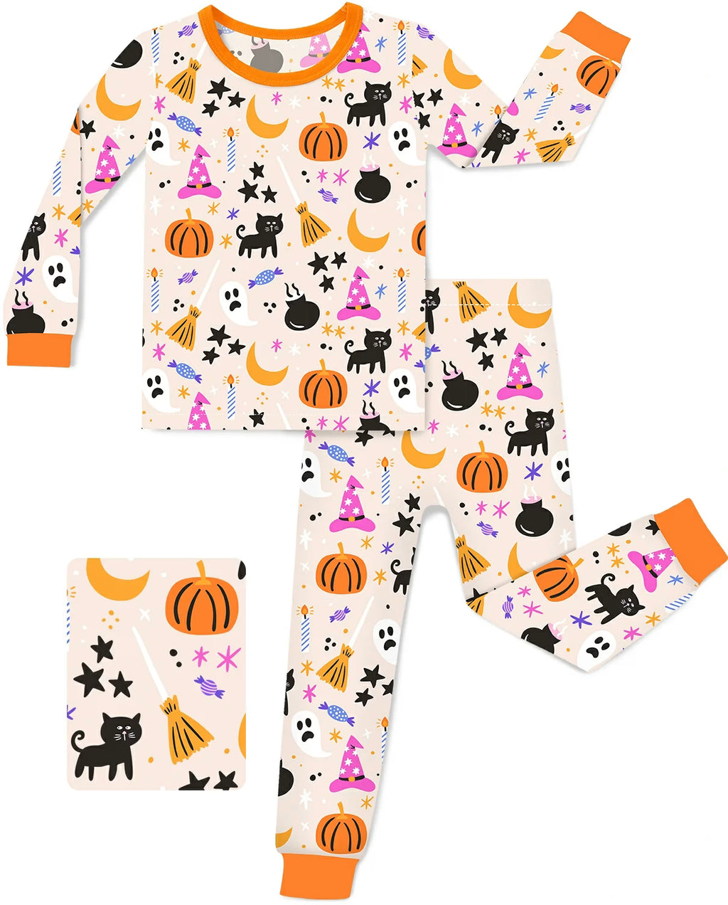 Orange Halloween Long Two-Piece Pajama Set, orange halloween two piece pajama set main