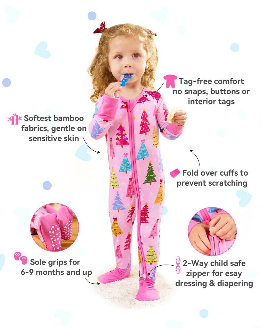 Pastel Christmas product information graphic with zipper, cuff and sole-grip detail insets.