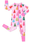 Pastel Christmas zip-up romper with pink cuffs and visible sole grips, laid flat on white.