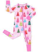 Pastel Christmas zip-up romper with pink cuffs and visible sole grips, laid flat on white.