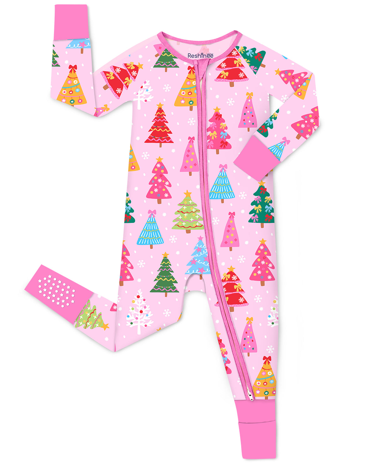 Pastel Christmas zip-up romper with pink cuffs and visible sole grips, laid flat on white.