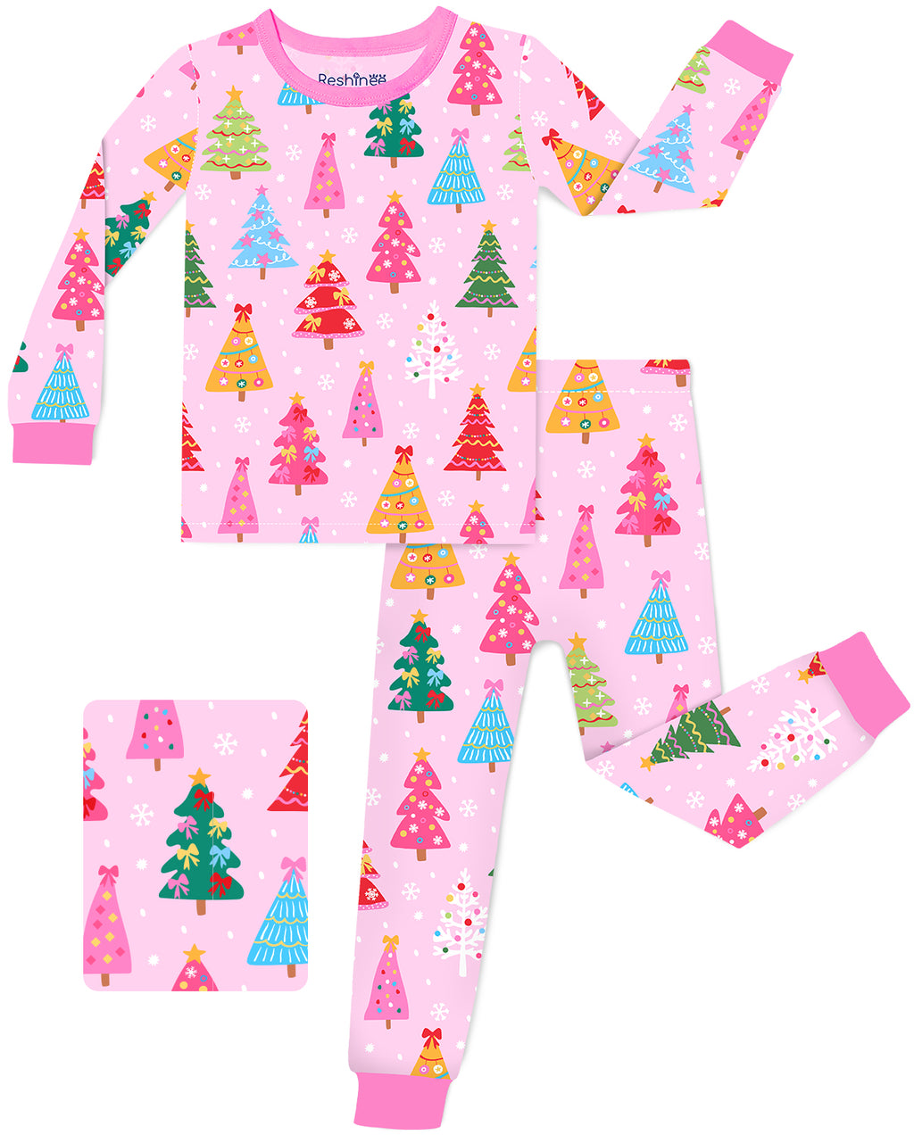 Pastel Christmas long-sleeve top and matching pants with pink trim, laid flat on white.