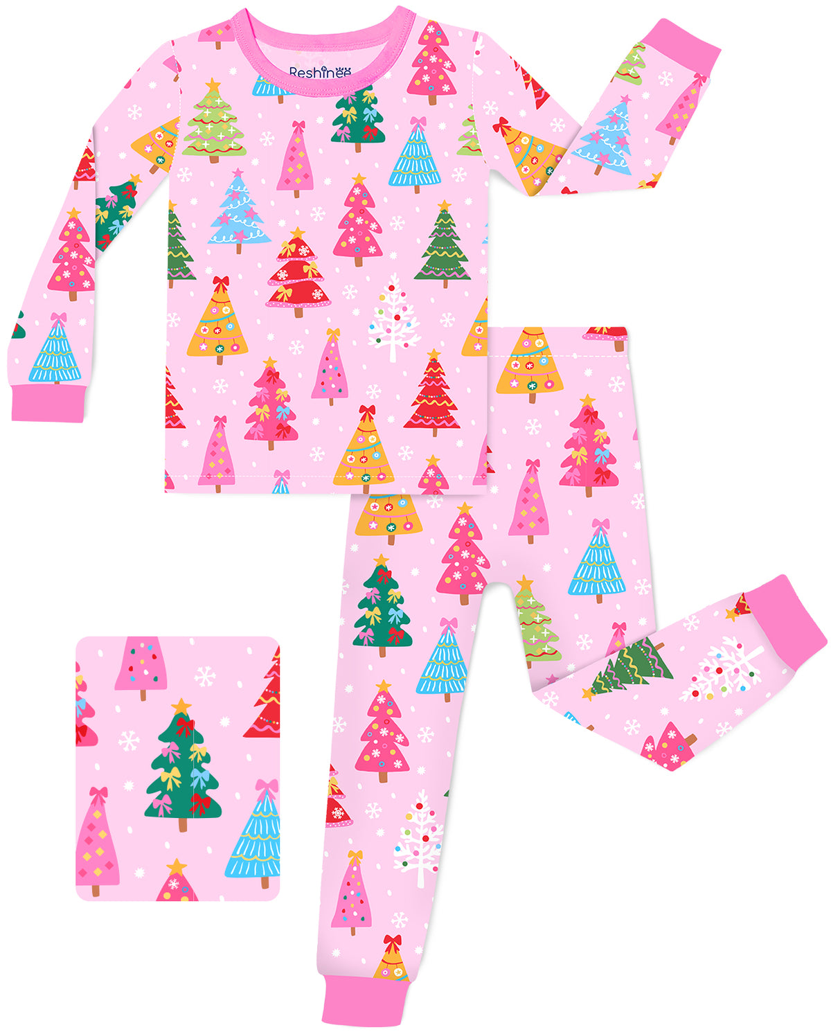 Pastel Christmas long-sleeve top and matching pants with pink trim, laid flat on white.