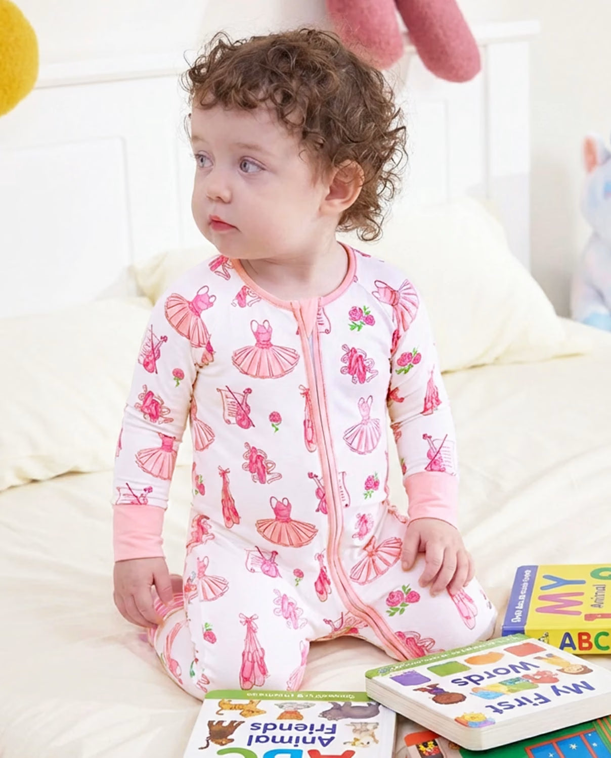 Pink Ballet Bamboo Zippy, pink ballet bamboo zippy sitting with books