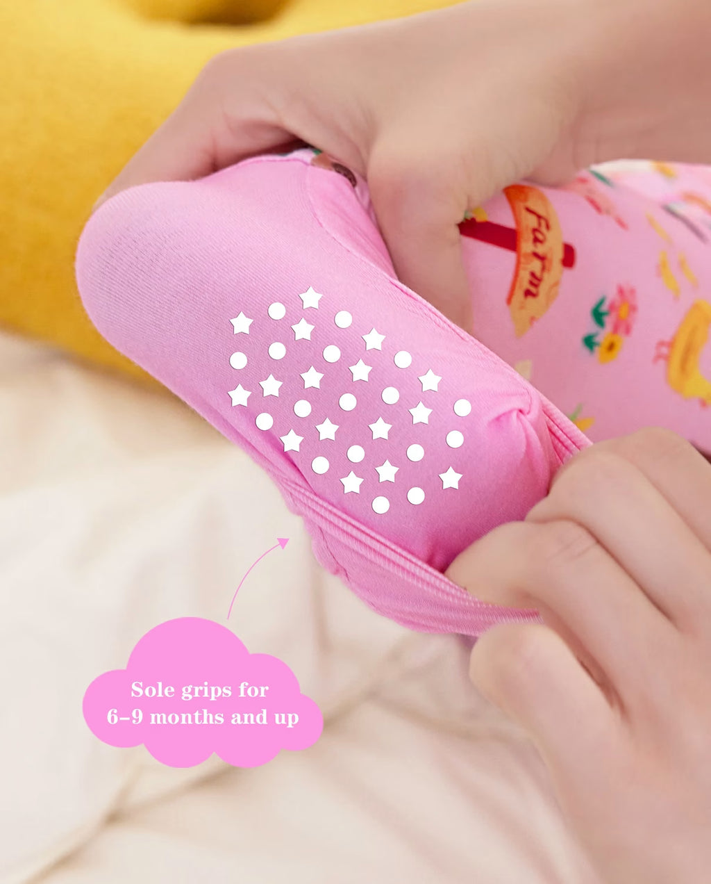 Pink Barnyard Bamboo Zippy, pink barnyard bamboo zippy sole grips closeup