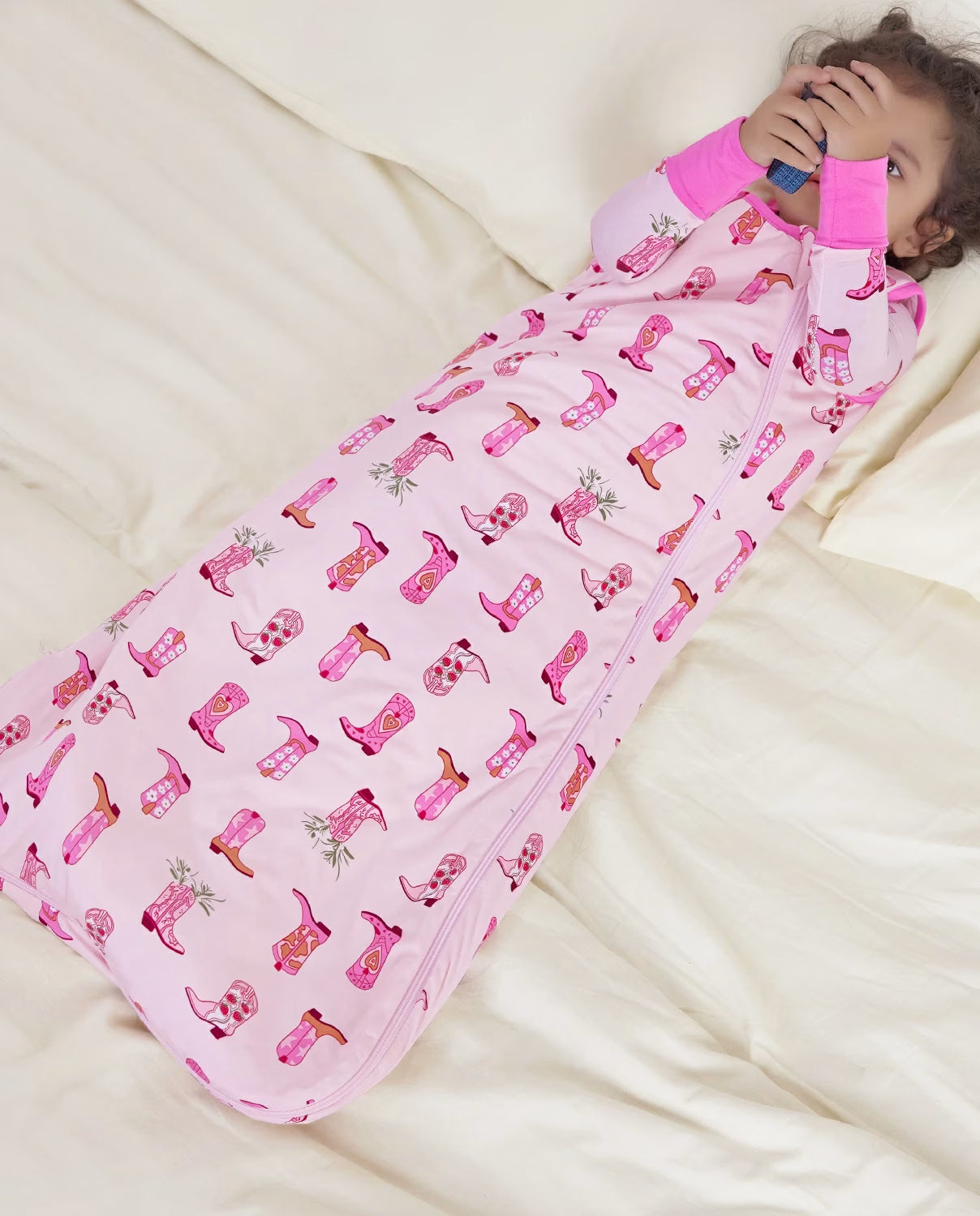 Pink Cowgirl Bamboo Baby Sleep Sack, pink cowgirl bamboo baby sleep sack 02 lifestyle bedtime fit