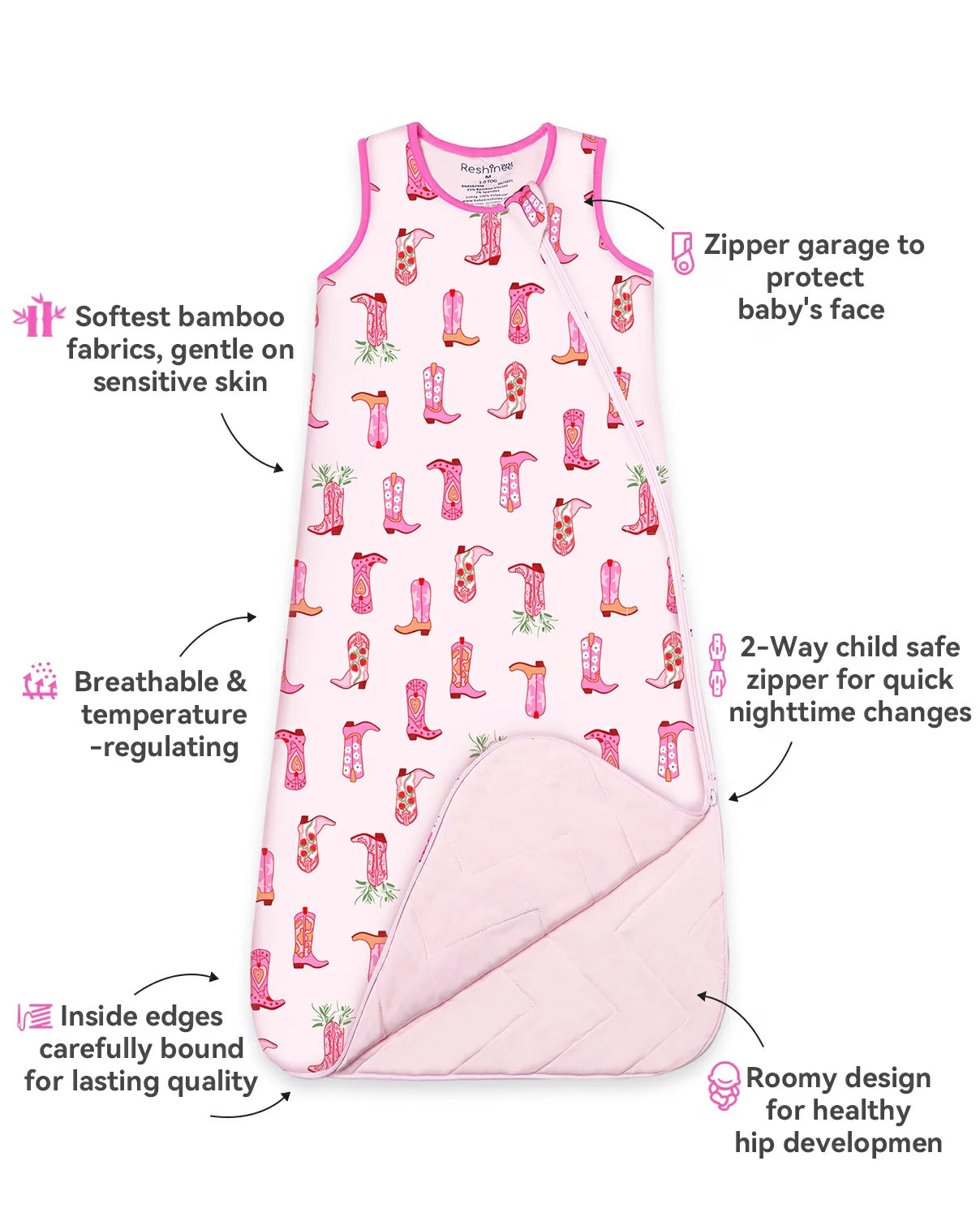 Pink Cowgirl Bamboo Baby Sleep Sack, pink cowgirl bamboo baby sleep sack 03 features infographic