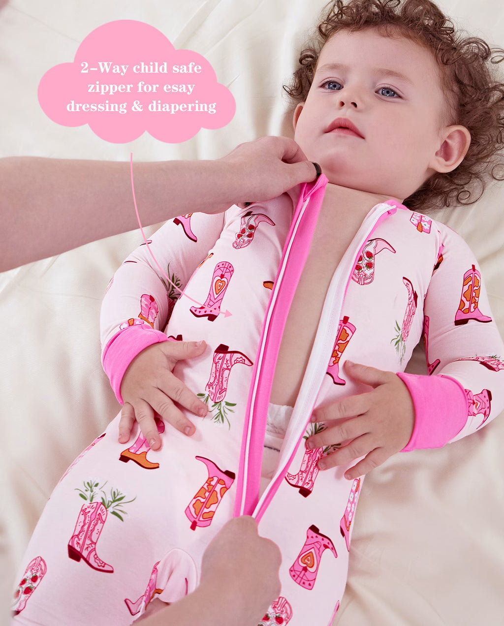 Pink Cowgirl Bamboo Zippy, pink cowgirl bamboo zippy 04 lifestyle diaper change two way zipper
