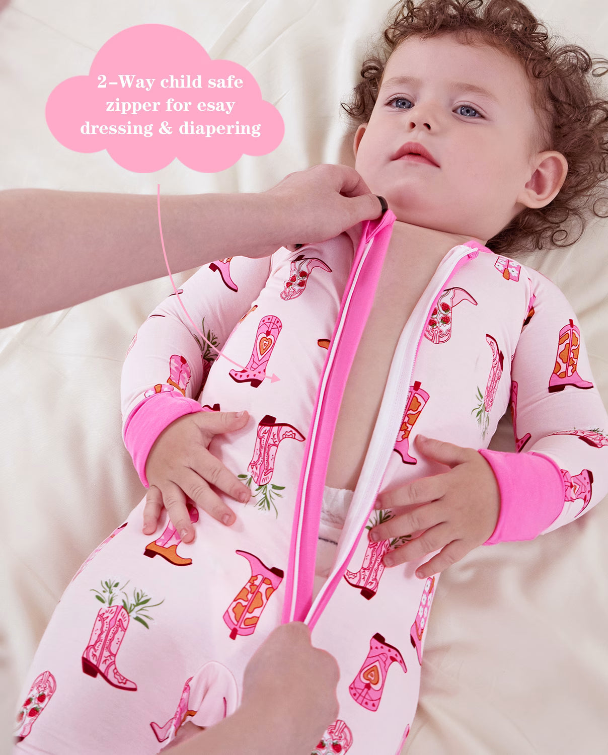 Pink Cowgirl Bamboo Zippy, pink cowgirl bamboo zippy 04 lifestyle diaper change two way zipper