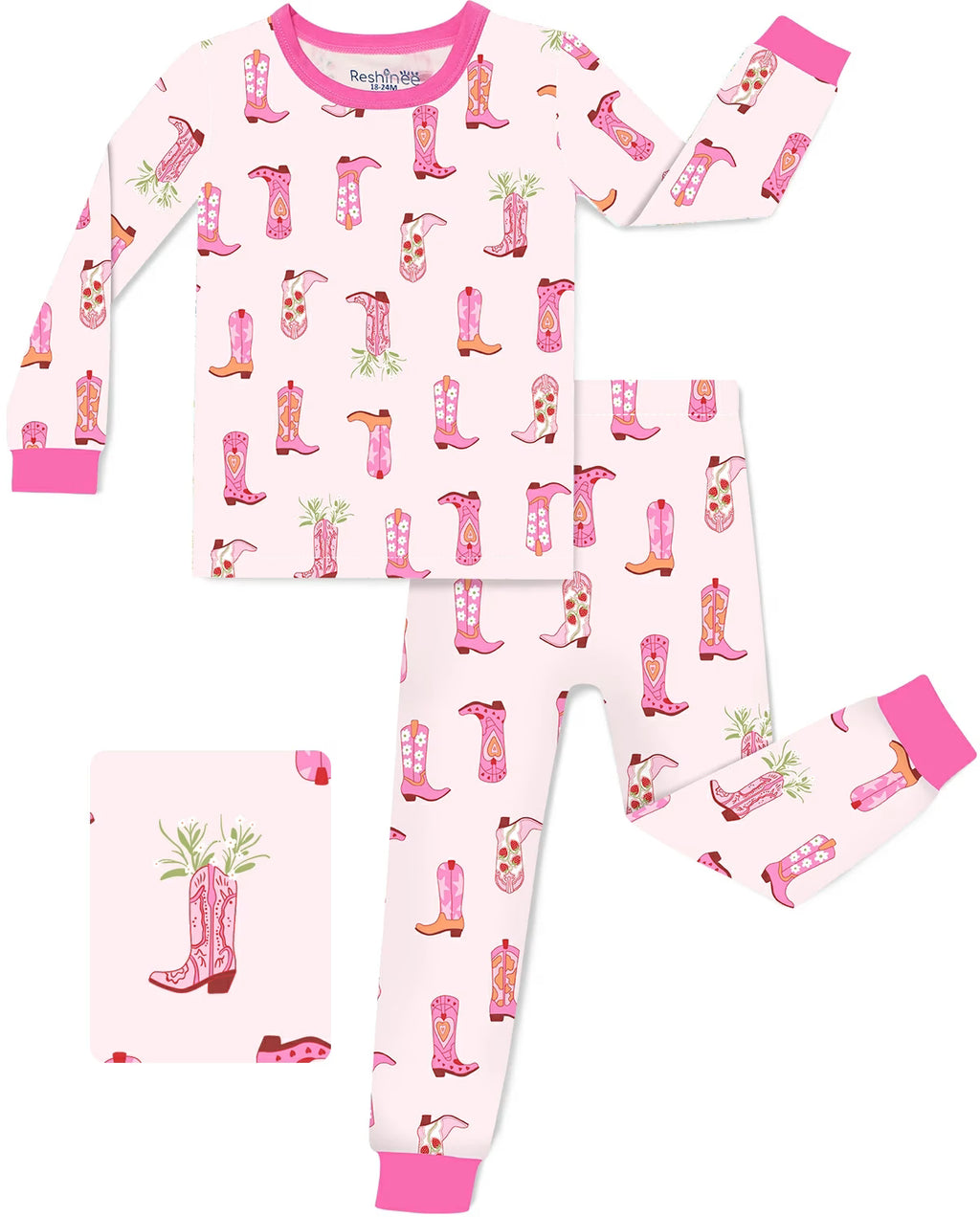 Pink Cowgirl Long Two-Piece Pajama Set, pink cowgirl two piece pajama set main