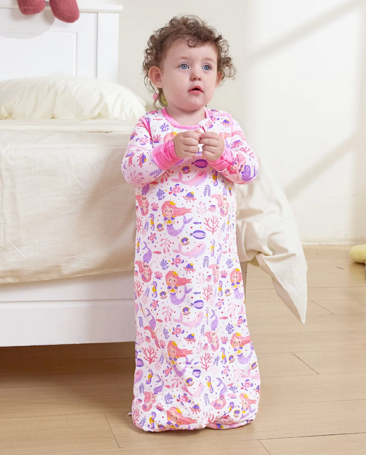Pink Mermaid Bamboo Baby Sleep Sack, pink mermaid bamboo baby sleep sack 02 lifestyle standing