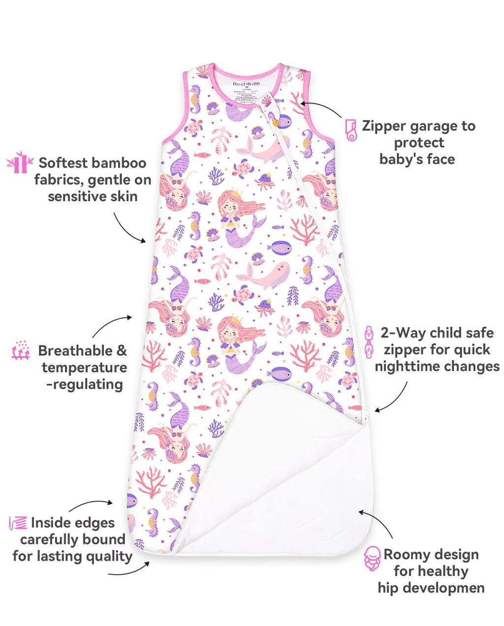 Pink Mermaid Bamboo Baby Sleep Sack, pink mermaid bamboo baby sleep sack 03 features infographic