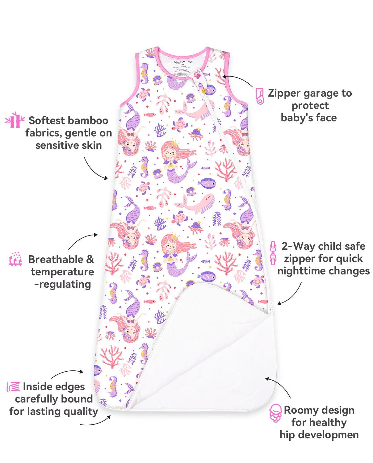 Pink Mermaid Bamboo Baby Sleep Sack, pink mermaid bamboo baby sleep sack 03 features infographic