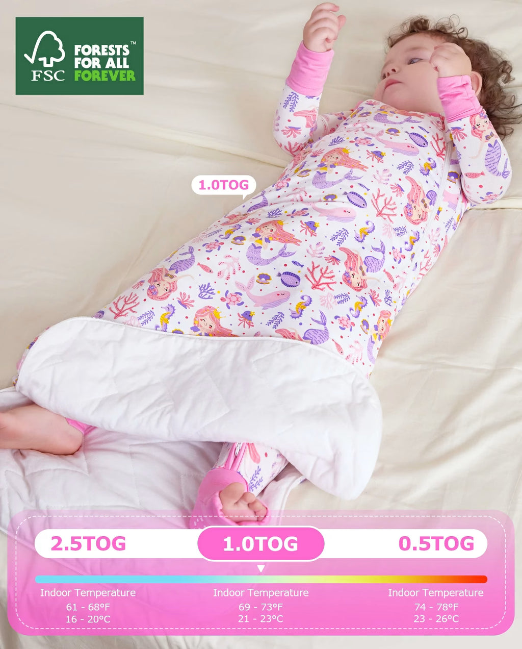 Pink Mermaid Bamboo Baby Sleep Sack, pink mermaid bamboo baby sleep sack 04 1 0 tog temperature guide fsc