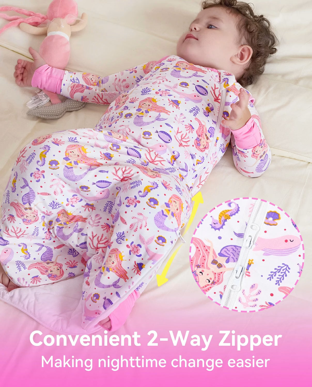 Pink Mermaid Bamboo Baby Sleep Sack, pink mermaid bamboo baby sleep sack 05 two way zipper closeup