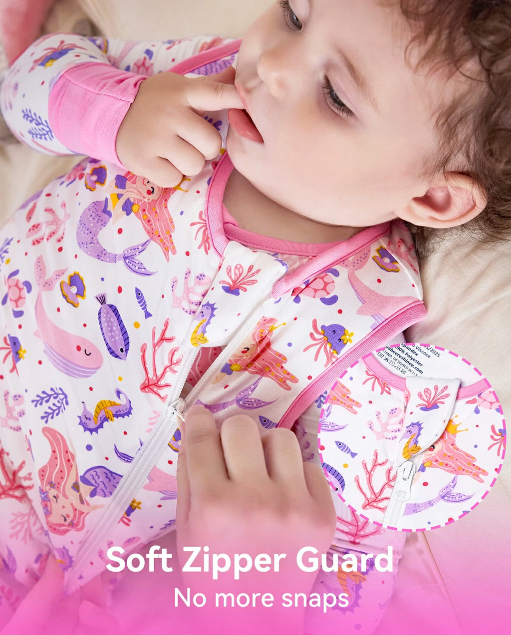 Pink Mermaid Bamboo Baby Sleep Sack, pink mermaid bamboo baby sleep sack 06 soft zipper guard closeup