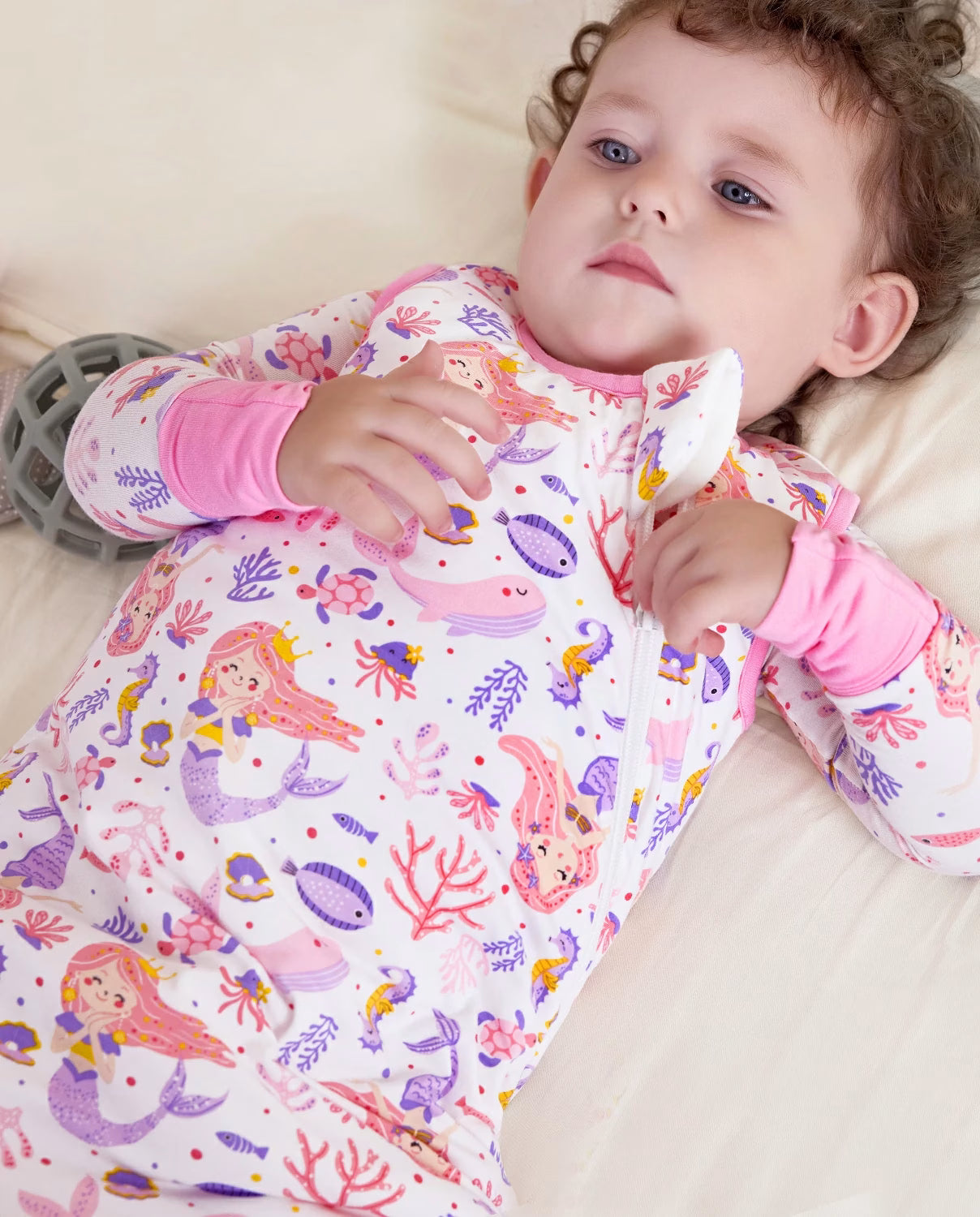 Pink Mermaid Bamboo Baby Sleep Sack, pink mermaid bamboo baby sleep sack 09 lifestyle zipper guard open