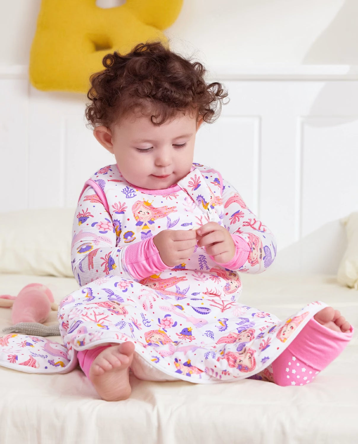 Pink Mermaid Bamboo Baby Sleep Sack, pink mermaid bamboo baby sleep sack 10 lifestyle sitting
