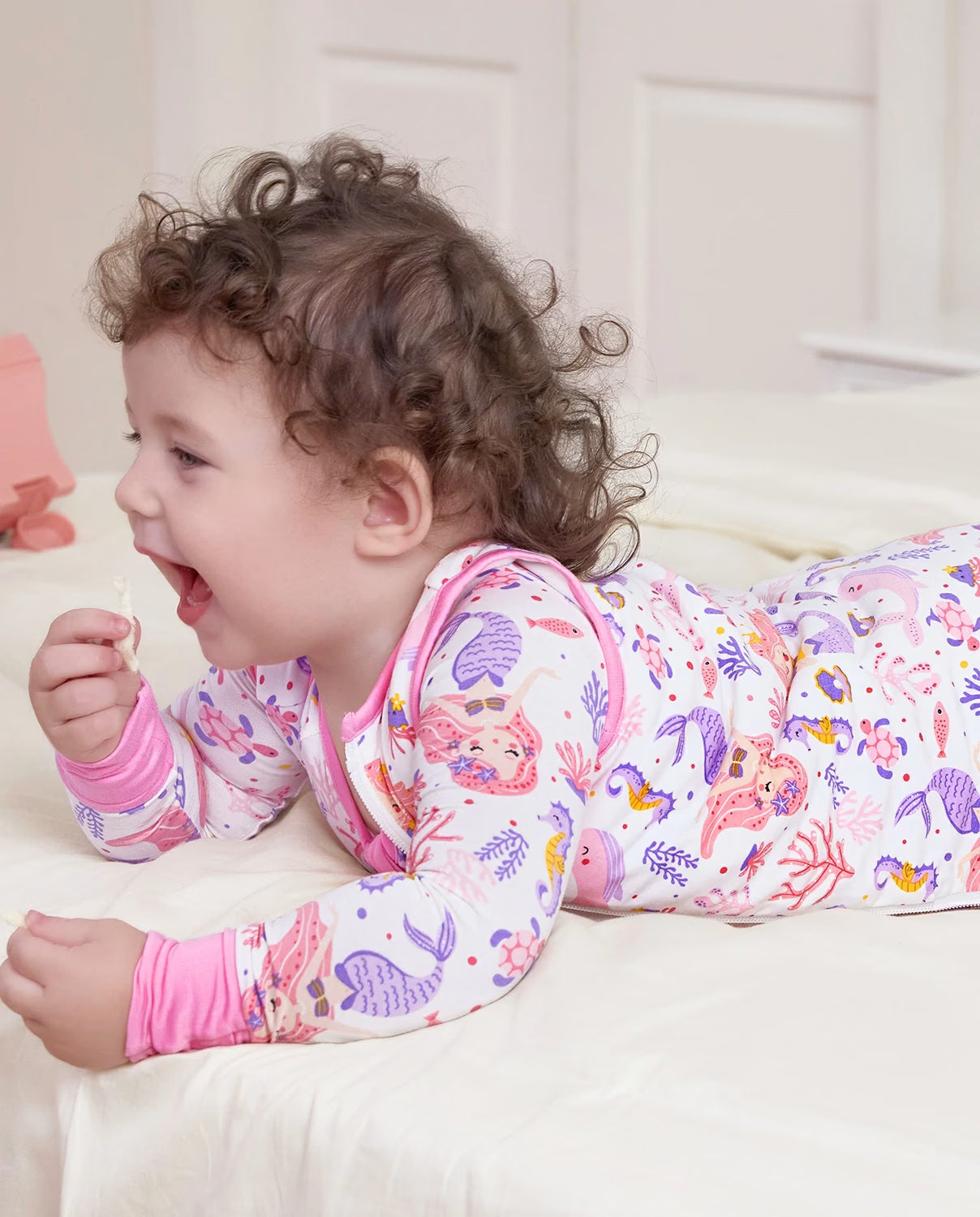 Pink Mermaid Bamboo Baby Sleep Sack, pink mermaid bamboo baby sleep sack 12 lifestyle lounging