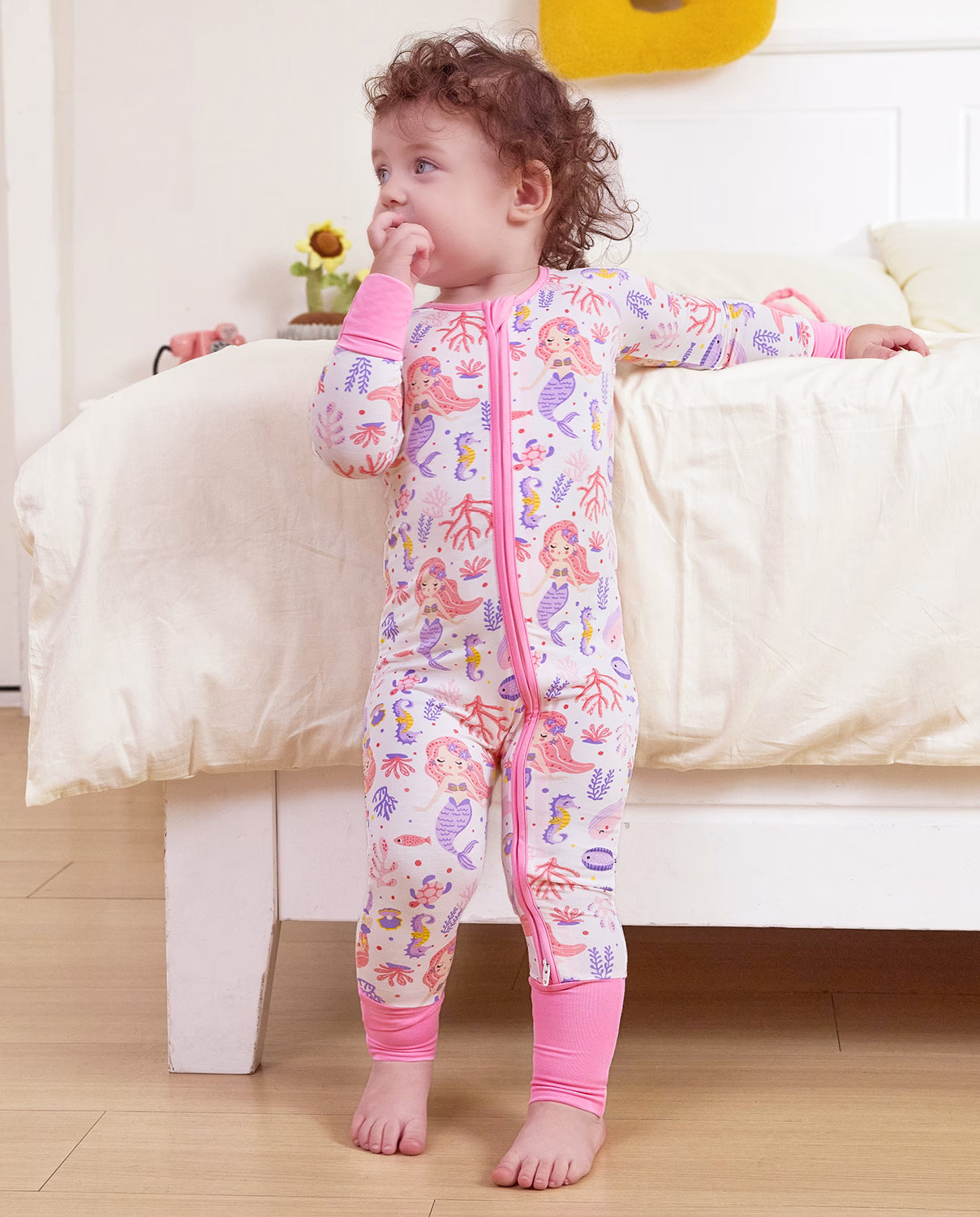 Pink Mermaid Bamboo Zippy, pink mermaid bamboo zippy 01 lifestyle standing bed