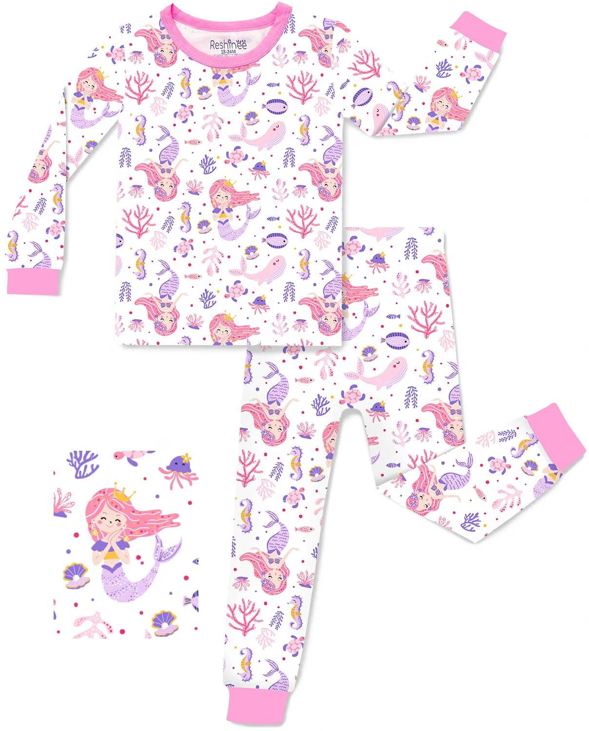 Pink Mermaid Long Two-Piece Pajama Set, pink mermaid two piece pajama set main