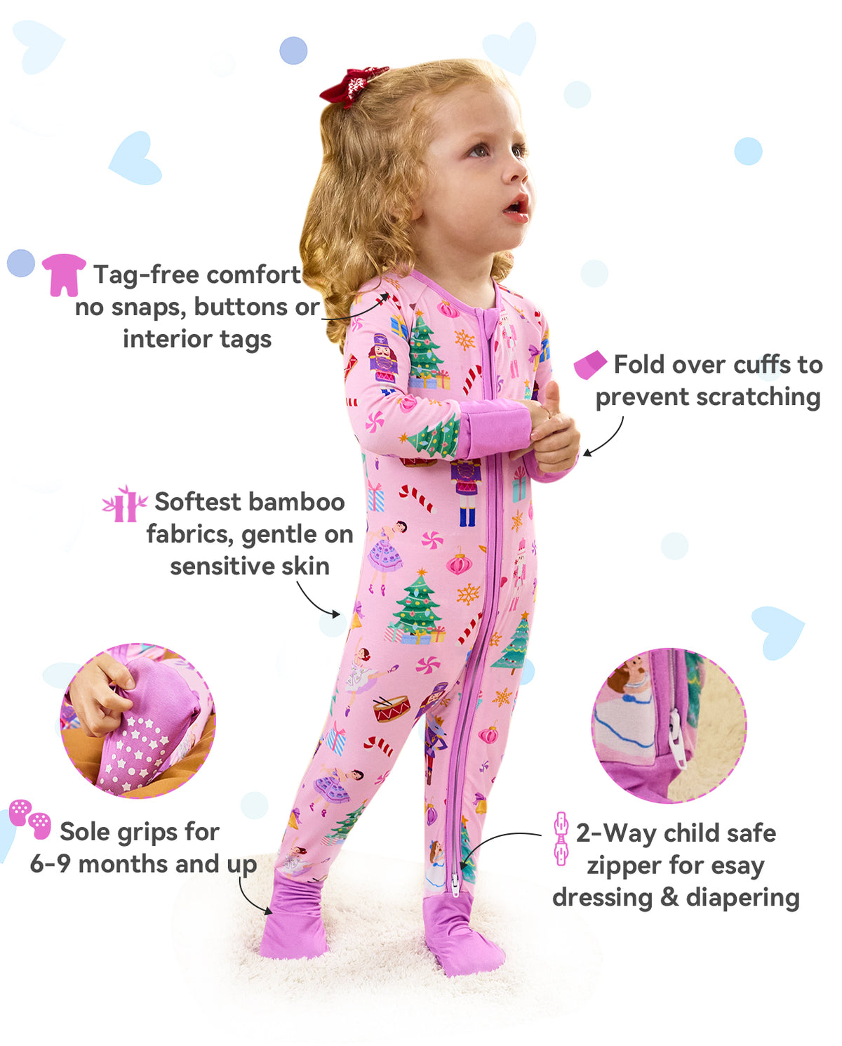 Pink Nutcracker product information graphic with zipper, cuff and sole-grip detail insets.
