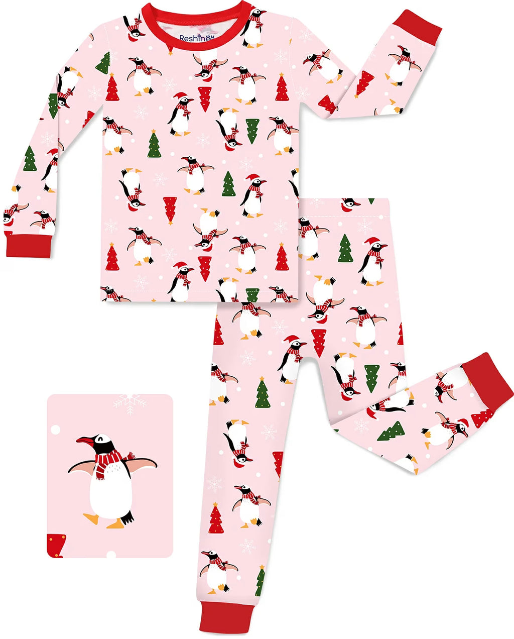 Pink Penguin Long Two-Piece Pajama Set, pink penguin two piece pajama set main
