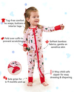 Pink Penguins product information graphic with zipper, cuff and sole-grip detail insets.