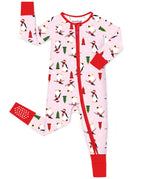 Pink Penguins zip-up romper with red trim and visible sole grips, laid flat on white.