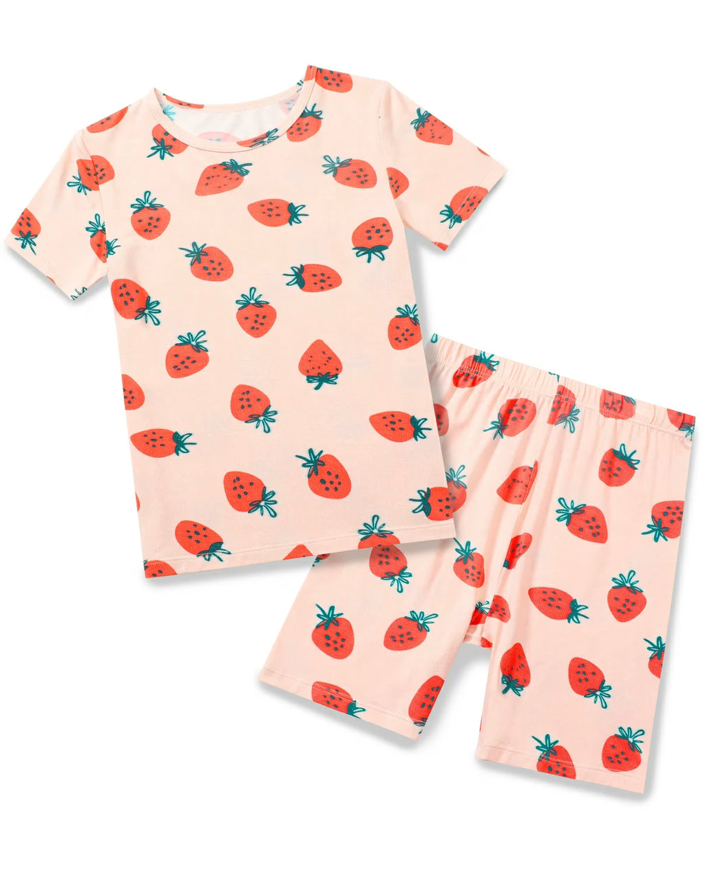 Pink Strawberry Short Two-Piece Pajama Set, pink strawberry short two piece pajama set main