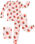 Pink Strawberry Long Two-Piece Pajama Set, pink strawberry two piece pajama set main
