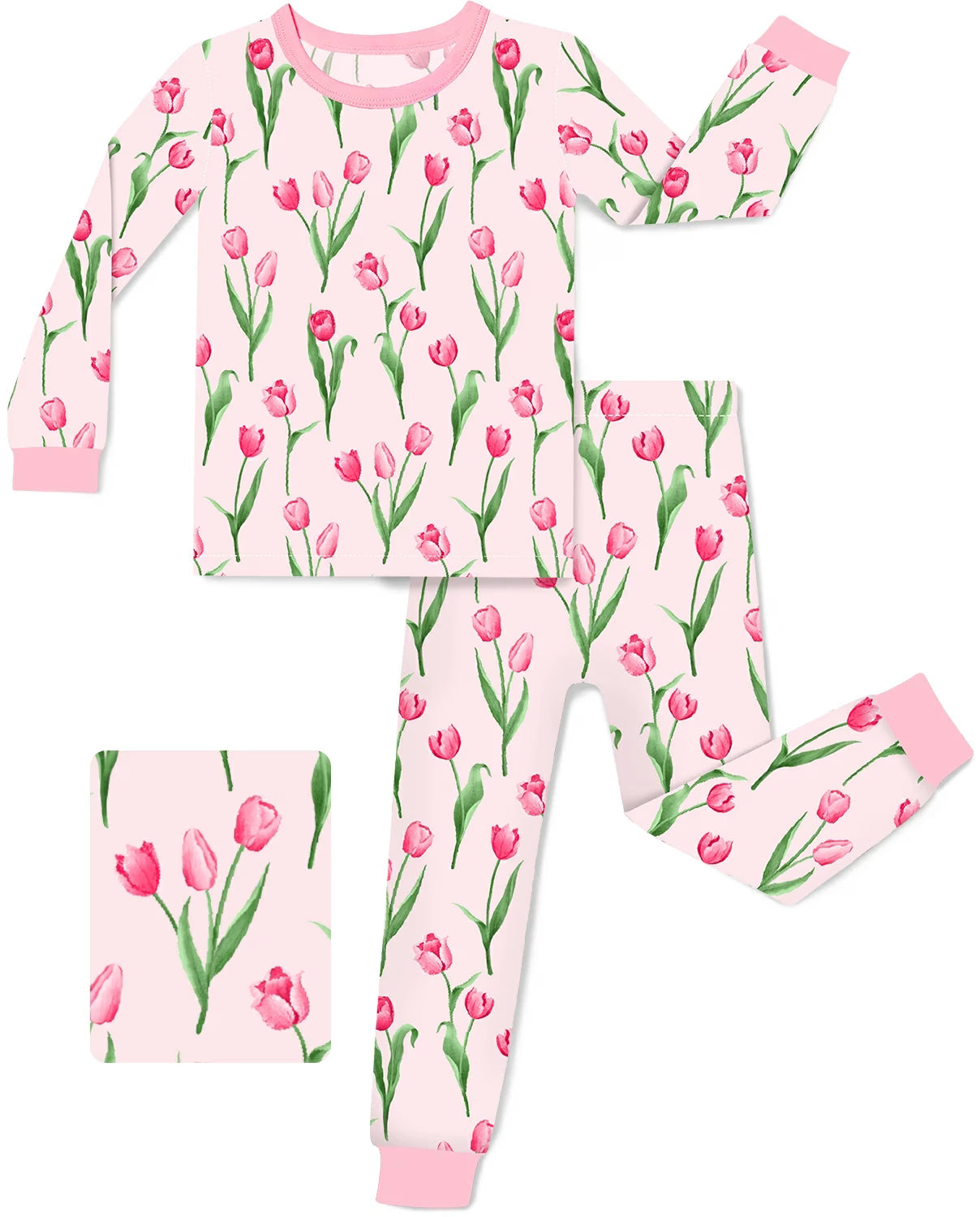 Pink Tulip Long Two-Piece Pajama Set, pink tulip two piece pajama set main