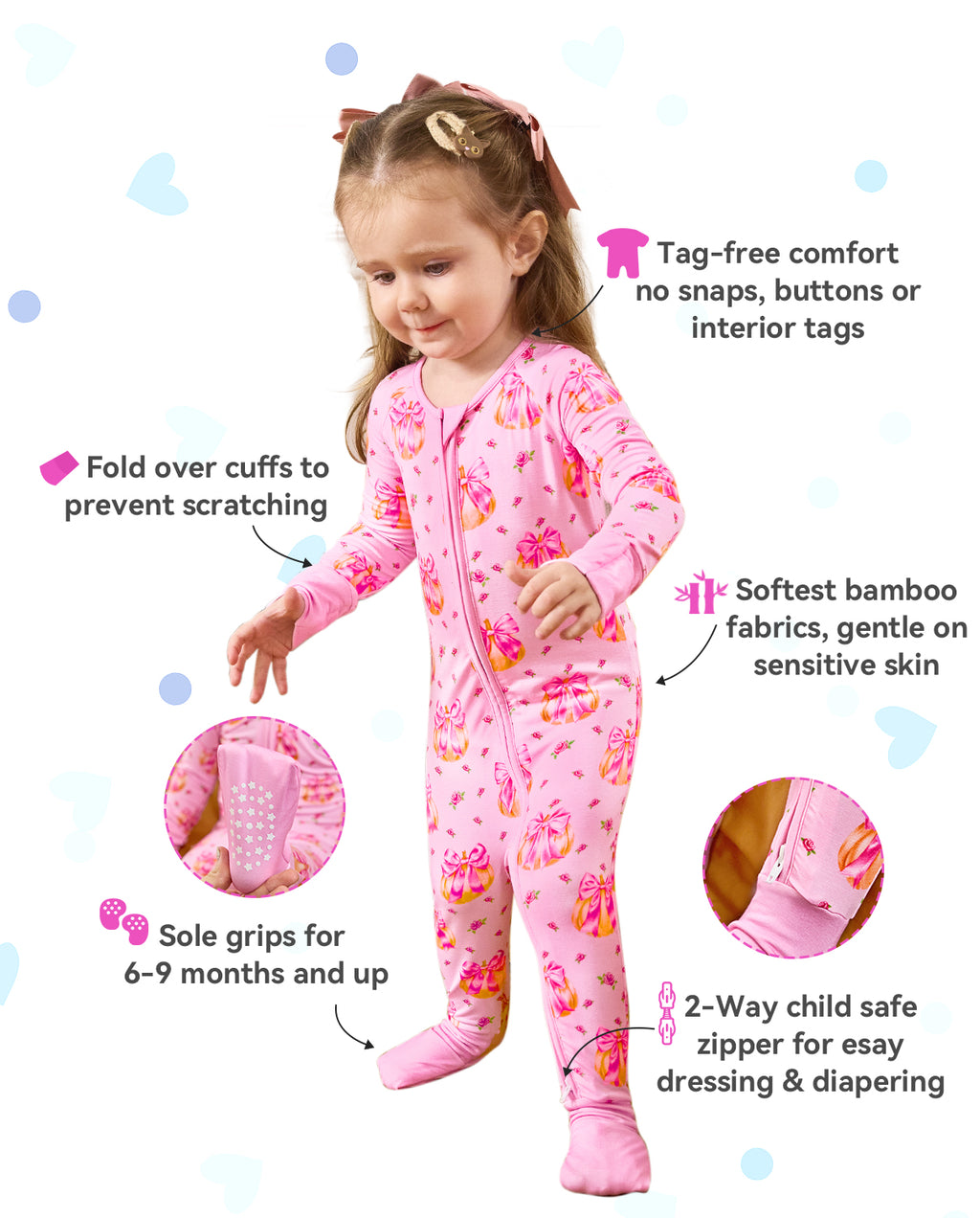 Pumpkin Bows product information graphic with zipper, cuff and sole-grip detail insets.
