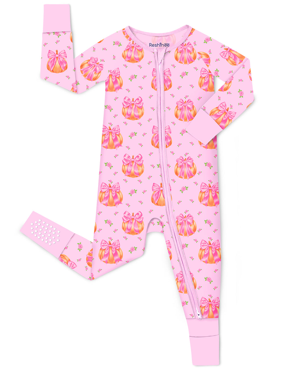 Pumpkin Bows zip-up romper with pink trim and a visible sole-grip cuff, laid flat on white.