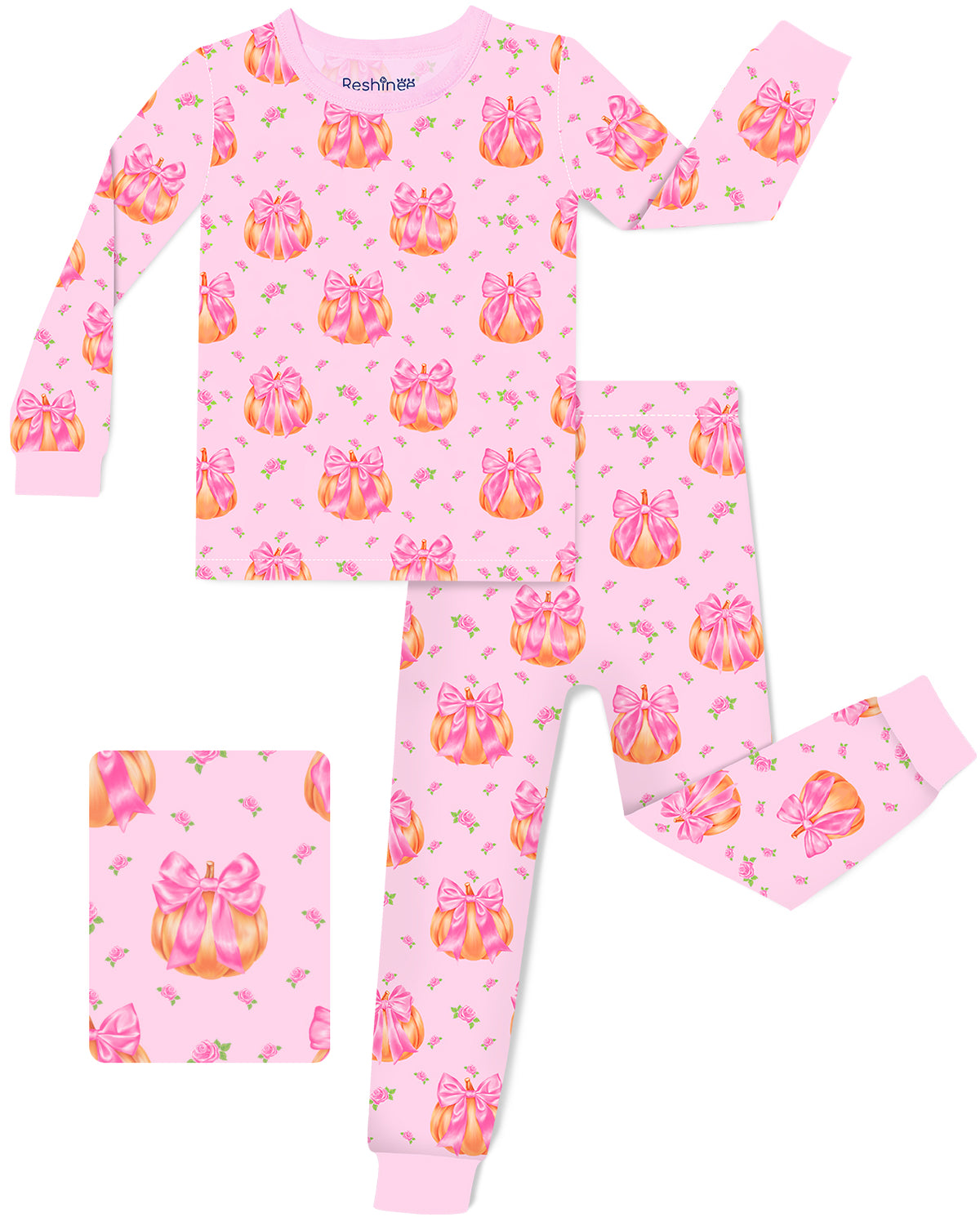 Pumpkin Bows long-sleeve top and matching pants, laid flat on white.