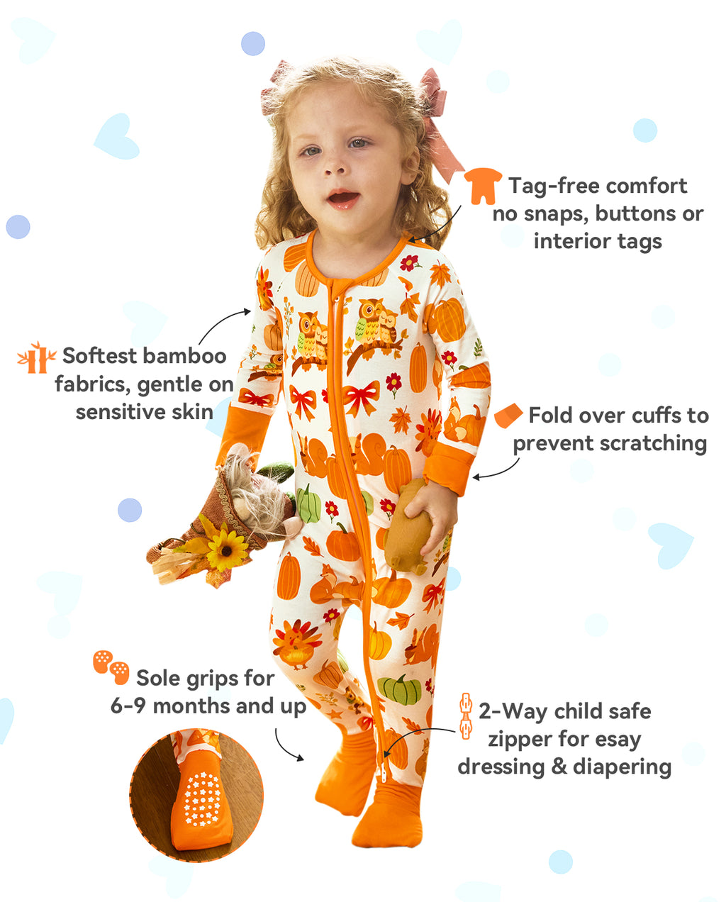 Pumpkin Patch product information graphic with zipper, cuff and sole-grip detail insets.