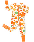 Pumpkin Patch zip-up romper with orange trim and a visible sole-grip cuff, laid flat on white.