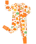 Pumpkin Patch zip-up romper with orange trim and a visible sole-grip cuff, laid flat on white.