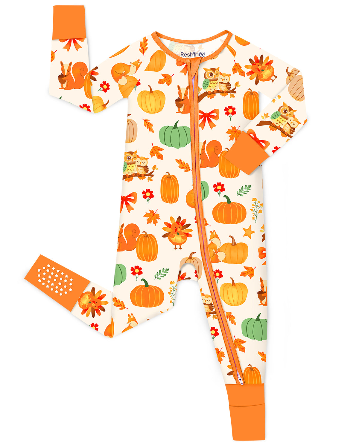 Pumpkin Patch zip-up romper with orange trim and a visible sole-grip cuff, laid flat on white.